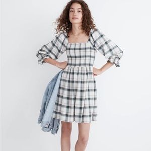Madewell Lucie Elbow-Sleeve Smocked Mini Dress in Lebaum Plaid